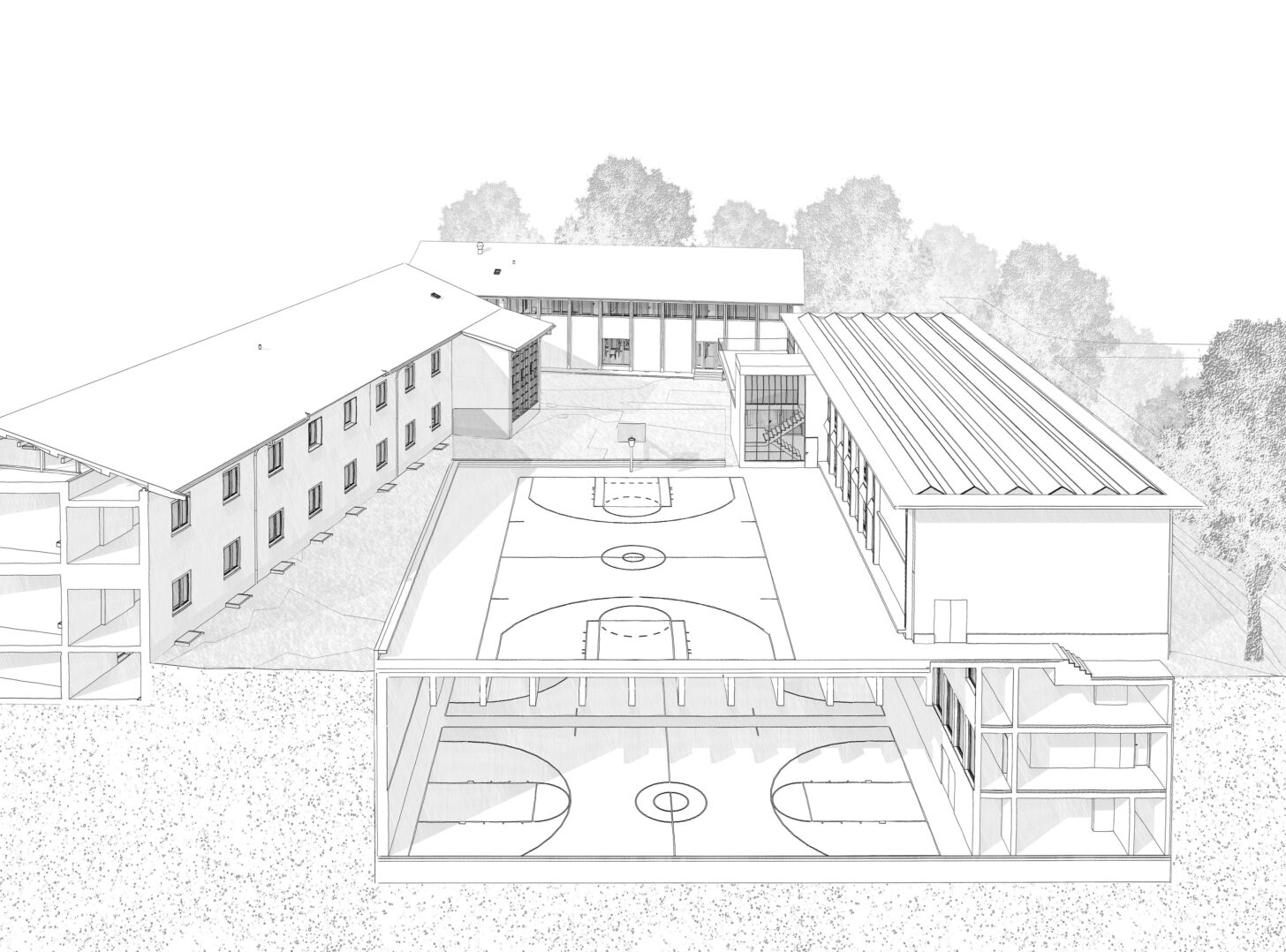 Perspektive best. Haupttrakt (links), best. Turnhalle (hinten) und Neubau (rechts)