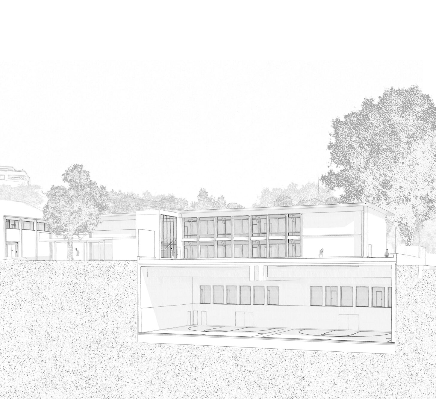 Perspektive Turnhalle und Klassentrakt neu